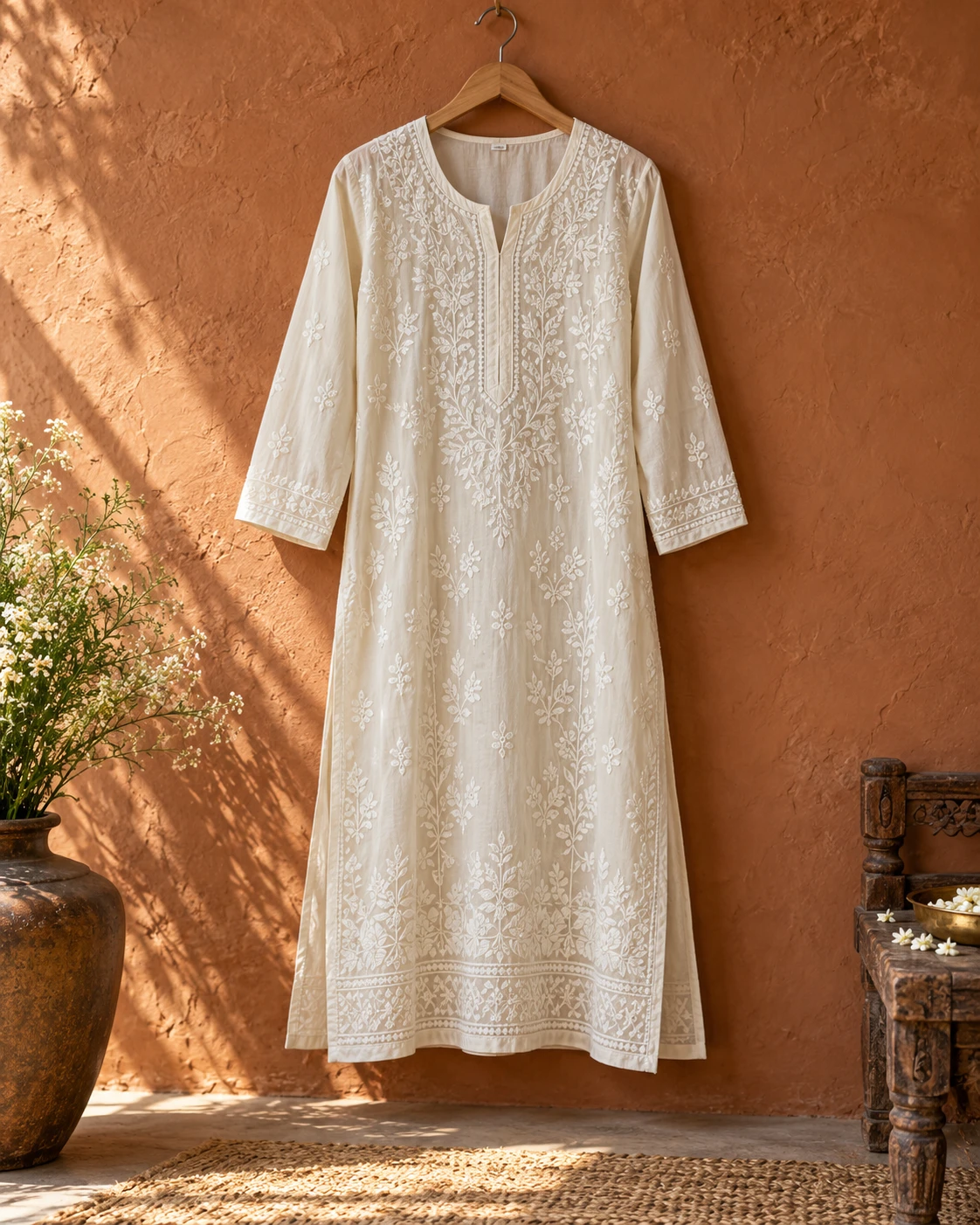 Ivory cotton kurti with chikankari embroidery