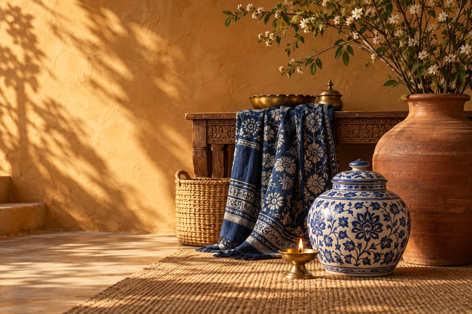 Indian craft, pottery, and textiles in a sunlit home