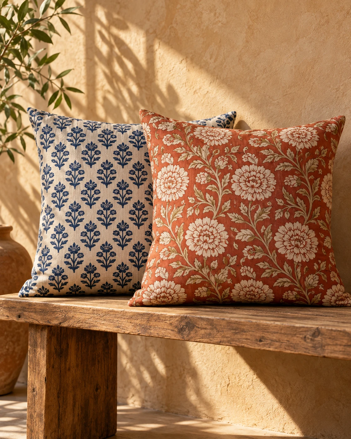 Indigo and rust block-printed cotton cushions