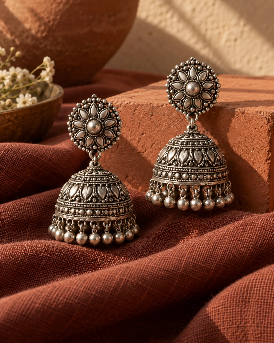 Ornate oxidised silver jhumka earrings