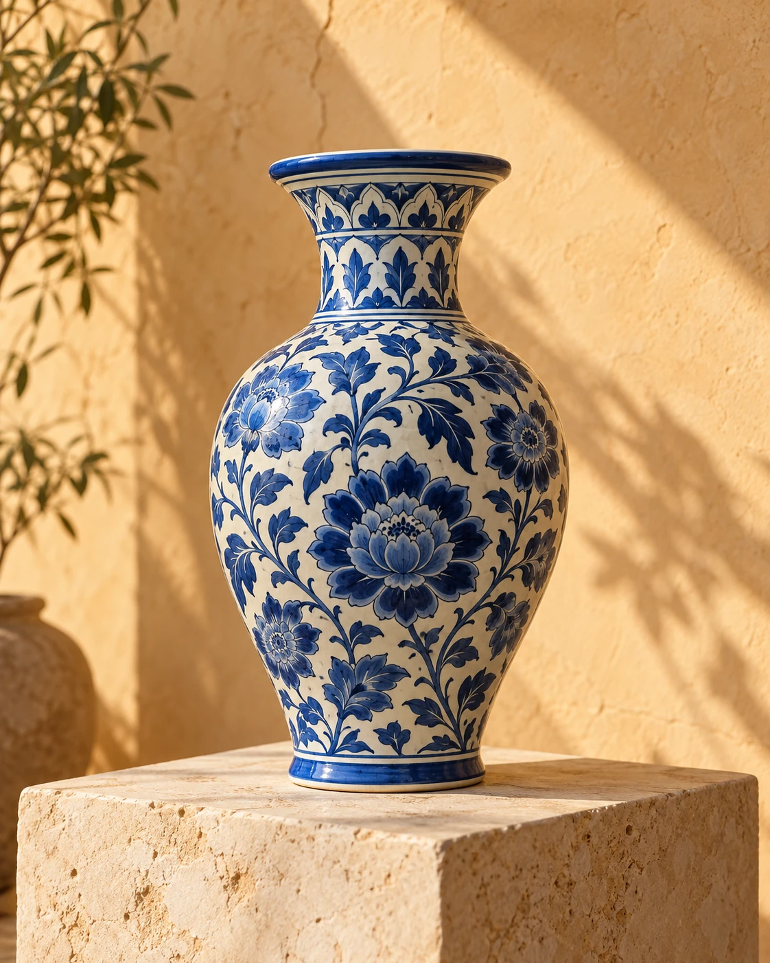 Blue and white floral pottery vase