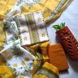 Sanganeri Hand Block Print Unstitched Suit Set – Yellow Floral
