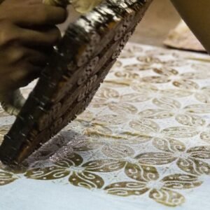 Hand Block Printed Cotton Running Fabric – Gold Floral (2.5m cut piece)