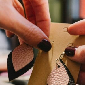 Handcrafted Leather Leaf Drop Earrings – Blush Pink & Black