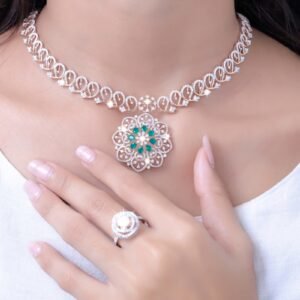 Emerald Cluster Statement Necklace & Ring Set – Rose Gold Tone