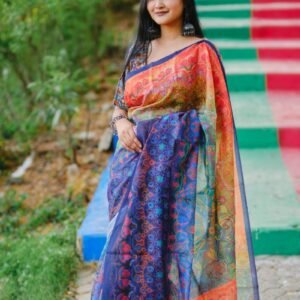 Printed Silk Saree – Sunset Orange Mandala Print with Contrast Border