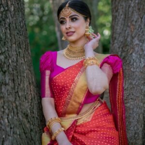 Kanjeevaram Silk Saree – Vermilion Red with Gold Zari Polka Border