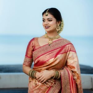 Kanjeevaram Silk Saree – Peach Gold with Crimson Zari Chevron Border